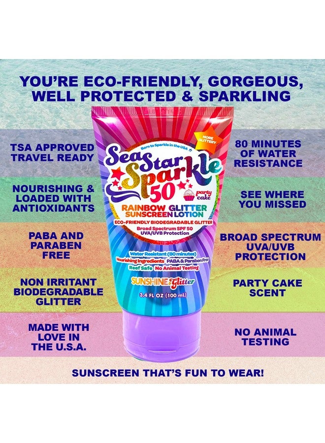 Sea Star Sparkle Biodegradable Glitter Sunscreen With Spf 50 Rainbow Party Cake Water Resistant 80 Min Biodegradable Glitter Vegan & Cruelty Free Tsa Approved 3.4 Oz