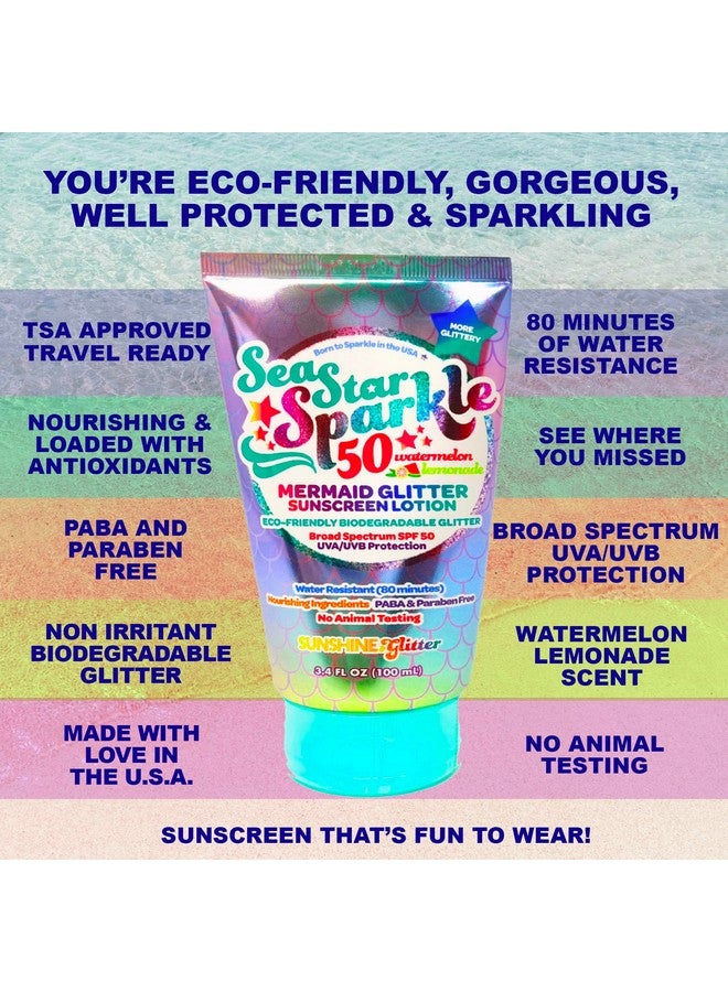 Sea Star Sparkle Biodegradable Glitter Sunscreen Spf 50 Mermaid Watermelon Lemonade Water Resistant Vegan & Cruelty Free Tsa Approved Travel Ready 3.4 Oz…
