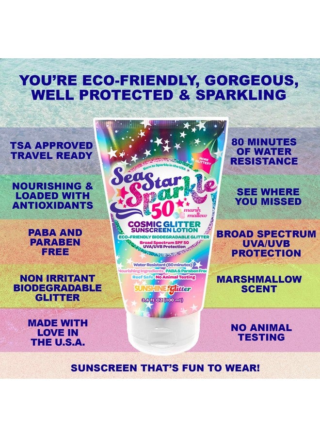 Sea Star Sparkle Biodegradable Glitter Sunscreen With Spf 50+ Cosmic Marshmallow Water Resistant Biodegradable Glitter Vegan & Cruelty Free 3.4 Oz