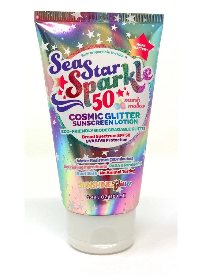 Sea Star Sparkle Biodegradable Glitter Sunscreen With Spf 50+ Cosmic Marshmallow Water Resistant Biodegradable Glitter Vegan & Cruelty Free 3.4 Oz