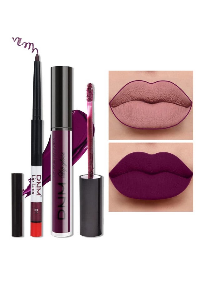 2Pcs Matte Dark Purple Lip Liner And Lipstick Makeup Set Burgundy Matte Lipstick 24H And Lip Liner Set Deep Berry Matt Lip Gloss Waterproof Long Lasting Lip Liner Lipstick Set Dark Colors (01)