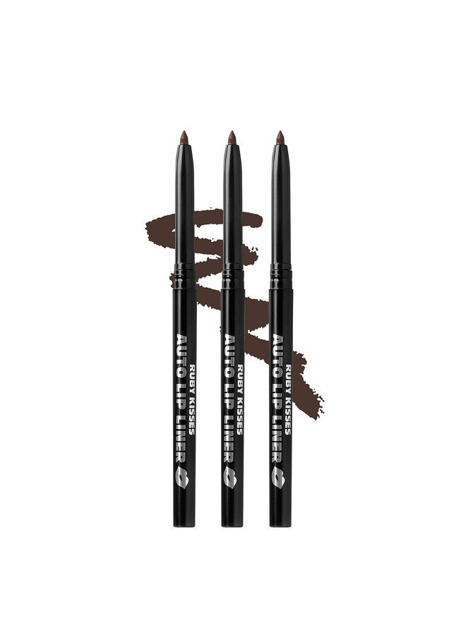 Auto Lip Liner Pencil Long Lasting & Nonfading Smooth Application Nonfeathering With Rich Color No Sharpener Needed Ideal For Full Lips Look (Dark Brown) (3 Pack)