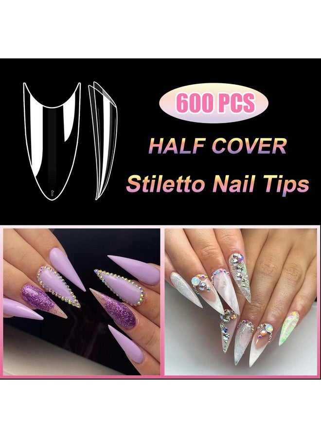 Short Stiletto Nail Tips Clear Nail Tips Half Cover Mekk 600Pcs Acrylic False Nail Tips Fake Nail Tips For Nail Salons And Diy Nail Art At Home10Sizes