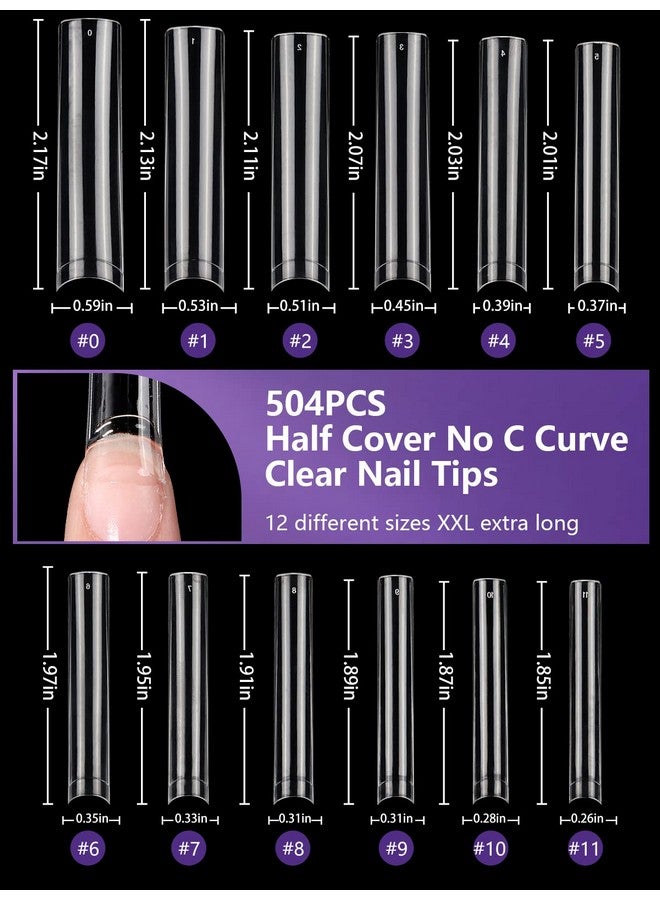 504Pcs Xxl Square No C Curve Nail Tips For Acrylic Nails Professional Clear Tapered Square Straight Half Cover Extra Long Fake Nails Ballerina Coffin Nails Tips For Salons Diy Nail Art