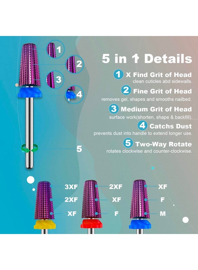 3Pcs Carbide 5 In 1 Nail Drill Bit Set Two Way Rotate Use For Both Left And Right Handed Xf， F， M 3/32 Inches Brocas Para Drill Nails For Acrylic Nail Gel Fast Remove