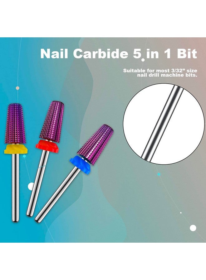 3Pcs Carbide 5 In 1 Nail Drill Bit Set Two Way Rotate Use For Both Left And Right Handed Xf， F， M 3/32 Inches Brocas Para Drill Nails For Acrylic Nail Gel Fast Remove