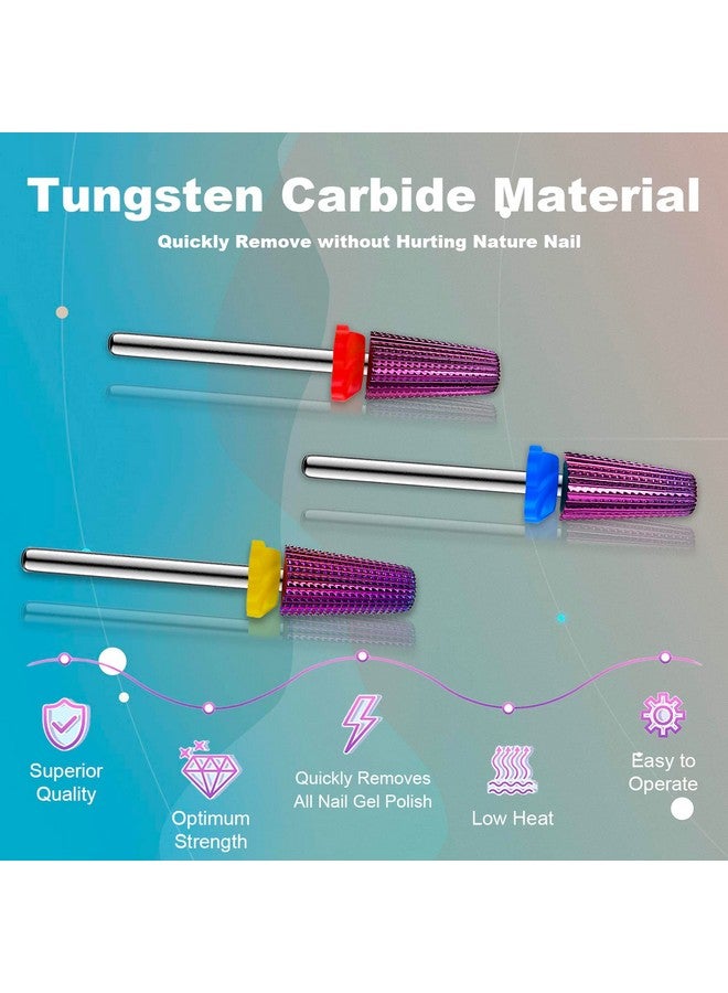 3Pcs Carbide 5 In 1 Nail Drill Bit Set Two Way Rotate Use For Both Left And Right Handed Xf， F， M 3/32 Inches Brocas Para Drill Nails For Acrylic Nail Gel Fast Remove