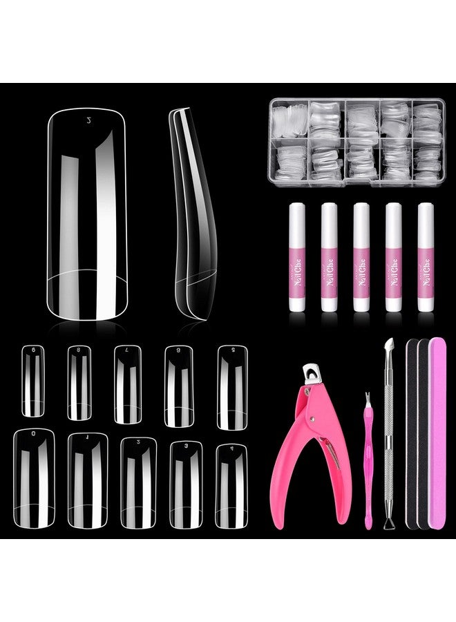 500Pcs Clear Acrylic Nail Tips Fake Nails Half Cover Square Flat Nail Tips Nail Clipper Files And Glues Cuticle Fork For Nail Art Salon Home Diy