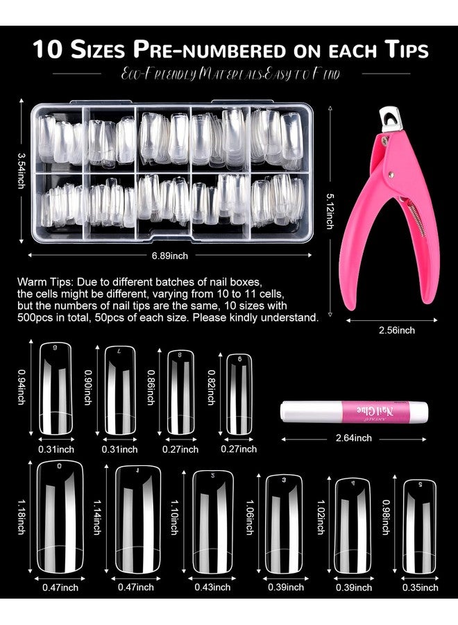 500Pcs Clear Acrylic Nail Tips Fake Nails Half Cover Square Flat Nail Tips Nail Clipper Files And Glues Cuticle Fork For Nail Art Salon Home Diy