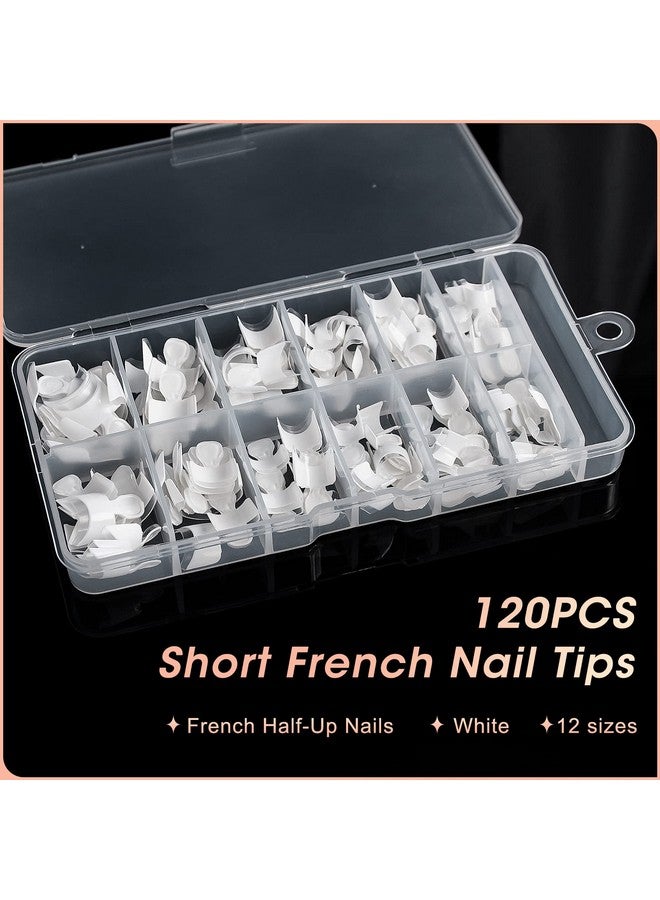 Short French Nail Tips 120Pcs Acrylic Short Nail Tips White French Fake Nail Tips Art Tips 12 Sizes Half Cover False Nails Short Wrap Edge Armor Nails With Case For Nail Extensions Diy