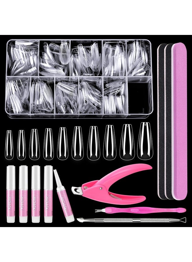 Clear False Coffin Nail Tips Morgles Full Cover Nail Tips Set With 500Pcs Clear Press On Nails Fake Nail Tips With Nail Glue Clipper Files Cuticle Pusher And Fork For Gel Nail Art Diy