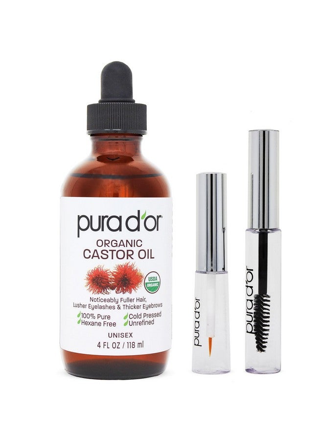 4 Oz Organic Castor Oil 100% Pure Usda Certified Cold Pressed Hexane Free Eyelash & Eyebrow Growth Serum 2 Empty Bonus Applicators For Fuller Thicker Lashes & Brows Skin & Hair