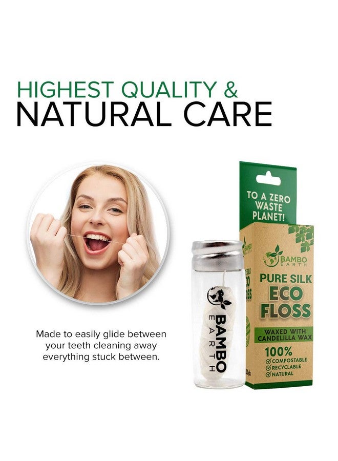 Biodegradable Mint Dental Tooth Lace Floss With Refillable & Reusable Glass Holder 100% Organic Natural And Compostable Teeth Silk Spool Waxed With Candelilla Wax & Ecofriendly Zero Waste Packaging