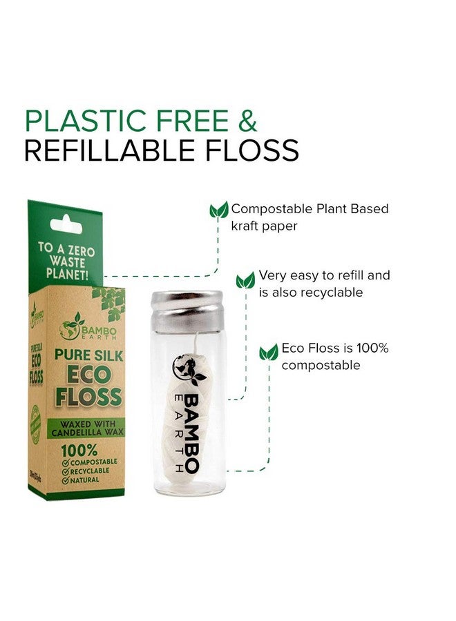 Biodegradable Mint Dental Tooth Lace Floss With Refillable & Reusable Glass Holder 100% Organic Natural And Compostable Teeth Silk Spool Waxed With Candelilla Wax & Ecofriendly Zero Waste Packaging