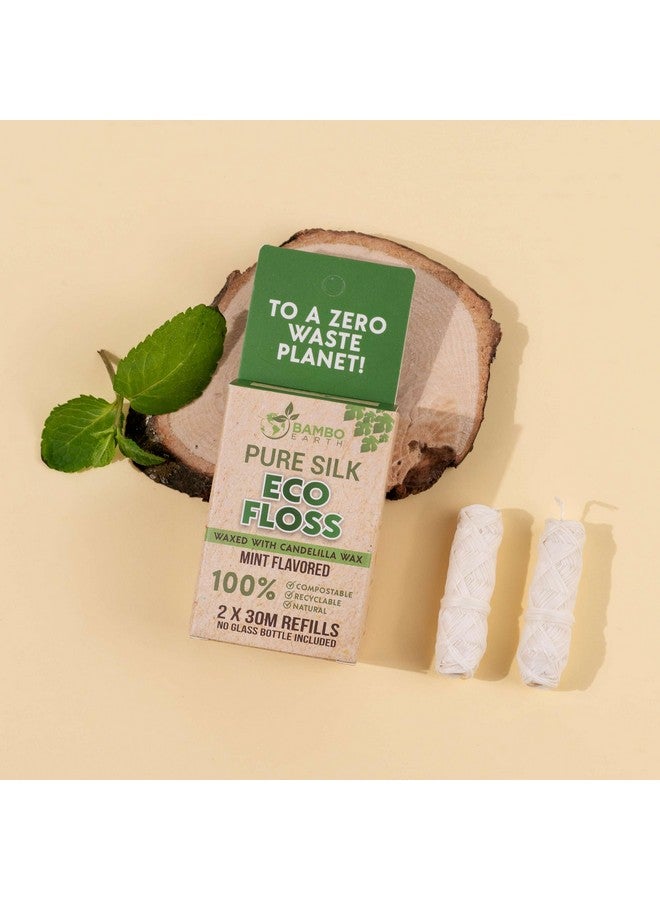 Biodegradable Mint Dental Tooth Lace Floss 2X Refillable Flossers 100% Organic Natural And Compostable Teeth Silk Spool Waxed With Candelilla Wax & Ecofriendly Zero Waste Packaging