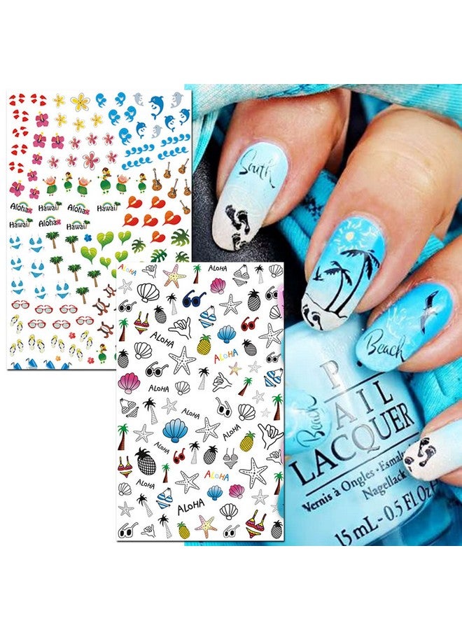 Summer Beach Nail Stickers 1500+ Pcs Selfadhesive Diy Nail Art Decals Shark Nautical Turtle Design (12 Sheets)