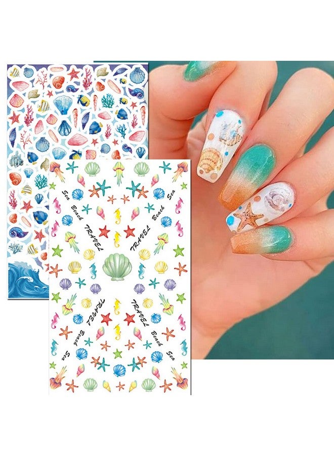 Summer Beach Nail Stickers 1500+ Pcs Selfadhesive Diy Nail Art Decals Shark Nautical Turtle Design (12 Sheets)
