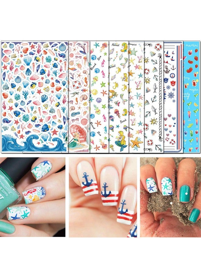 Summer Beach Nail Stickers 1500+ Pcs Selfadhesive Diy Nail Art Decals Shark Nautical Turtle Design (12 Sheets)