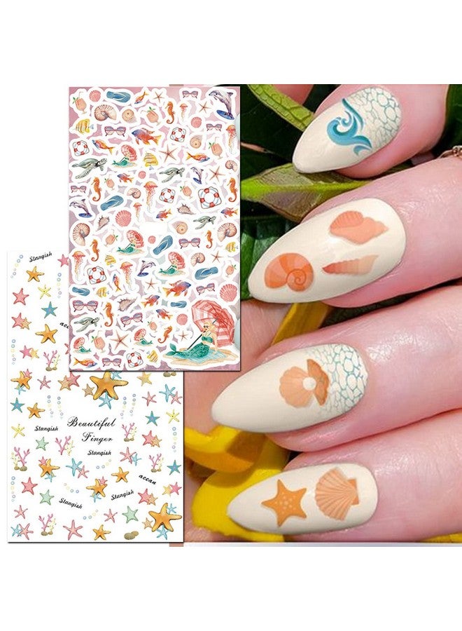 Summer Beach Nail Stickers 1500+ Pcs Selfadhesive Diy Nail Art Decals Shark Nautical Turtle Design (12 Sheets)