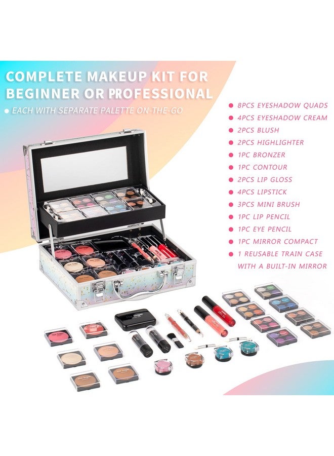 Makeup Kit For Women Full Kit Teen Girls Starter Cosmetic Gift Set With Beautiful Rainbow Train Case Includes Pigmented Eyeshadow Palette Blush Lipstick Lip Pencil Eye Pencil (Rainbow)