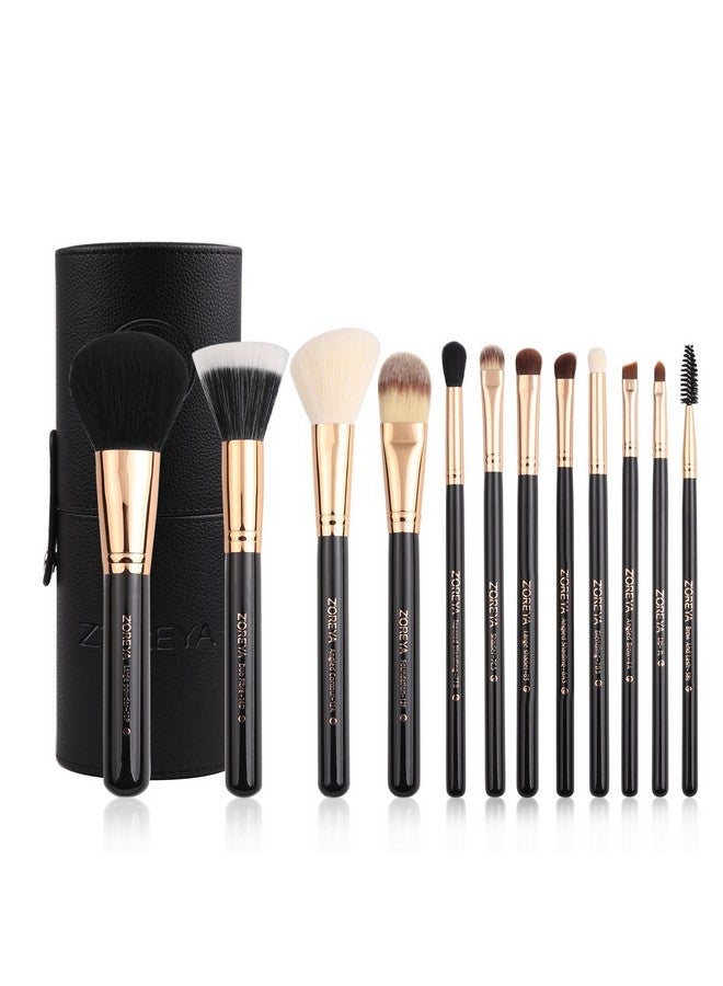 Premium Travel Makeup Brush Set 12 Pieces Essential Cosmetic Tools Synthetic Hair Foundation Powder Eye Cosmetic Brushes With Black Holder