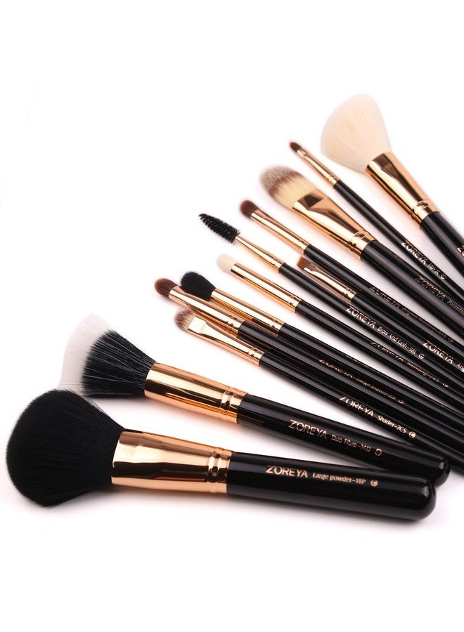 Premium Travel Makeup Brush Set 12 Pieces Essential Cosmetic Tools Synthetic Hair Foundation Powder Eye Cosmetic Brushes With Black Holder