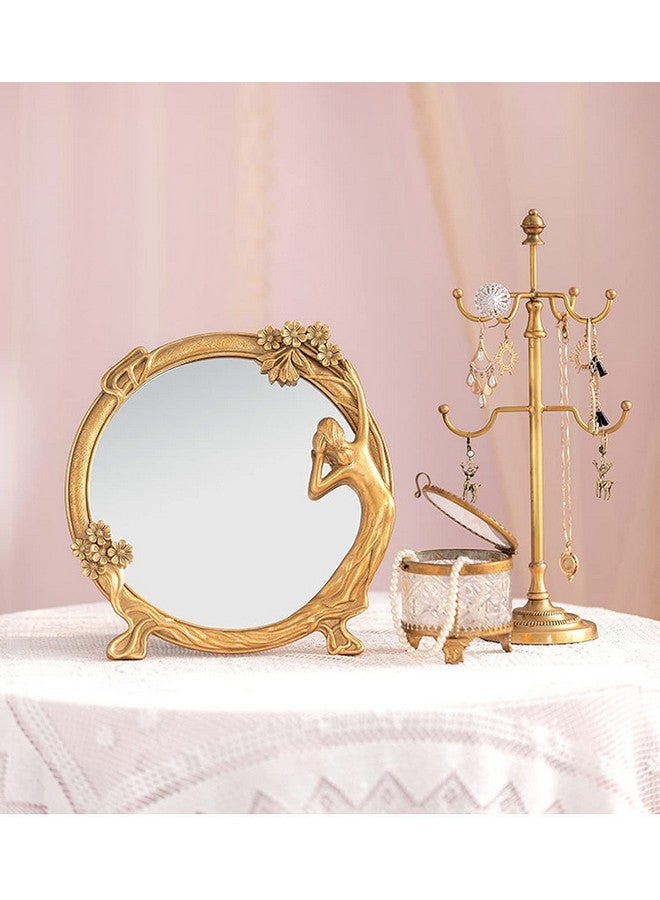 Resin Vintage Makeup Mirror Decorative Tabletop Rectangle Mirror Gold Standing Desktop Cosmetic Mirror Maid Girl Vanity Mirror Plum Floral Countertop Dressing Mirror With Stand For Home Decor