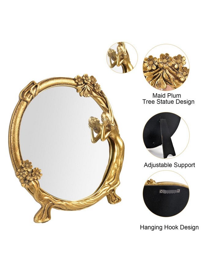 Resin Vintage Makeup Mirror Decorative Tabletop Rectangle Mirror Gold Standing Desktop Cosmetic Mirror Maid Girl Vanity Mirror Plum Floral Countertop Dressing Mirror With Stand For Home Decor