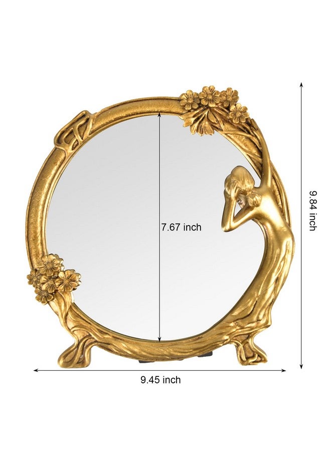 Resin Vintage Makeup Mirror Decorative Tabletop Rectangle Mirror Gold Standing Desktop Cosmetic Mirror Maid Girl Vanity Mirror Plum Floral Countertop Dressing Mirror With Stand For Home Decor