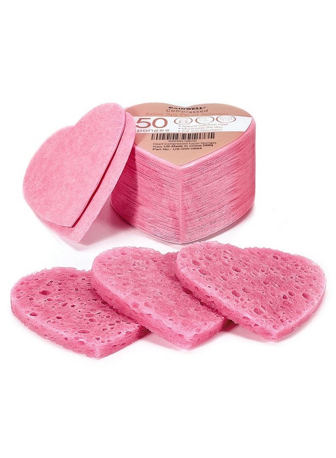 50Count Heart Shape Compressed Facial Sponges For Daily Facial Cleansing And Exfoliating 100％ Natural Cosmetic Spa Sponges For Makeup Remover