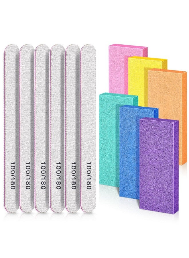 Nail Files And Buffers Set With 6Pcs Rectangular Nail Buffers And 6Pcs White 100/180 Grit Nail Files Professional Nail Care Tools Kit For Women And Girls