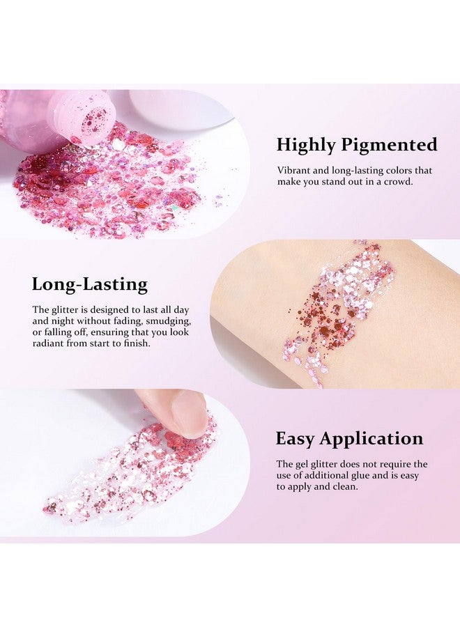 Long Lasting Pink Body Glitter Holographic Sparkling Cosmetic Grade Chunky Glitter For Face Hair (Pink)