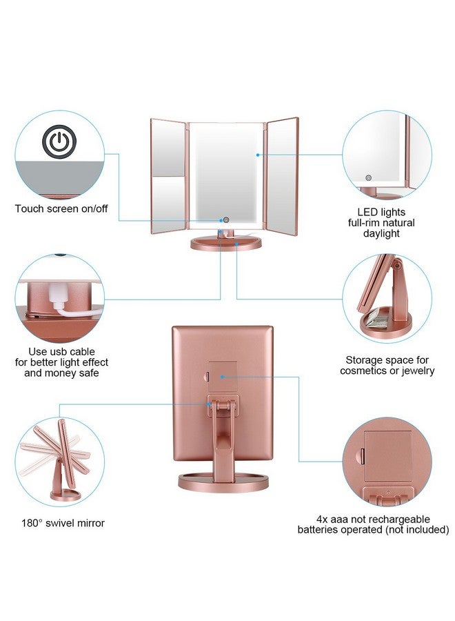 Nature Daylight 36 Leds Trifold Lighted Vanity Makeup Mirror With Touch Screen Dimming And 3X/2X/1X Magnification Makeup Mirror 180 Degree Free Rotation Countertop Cosmetic Mirror