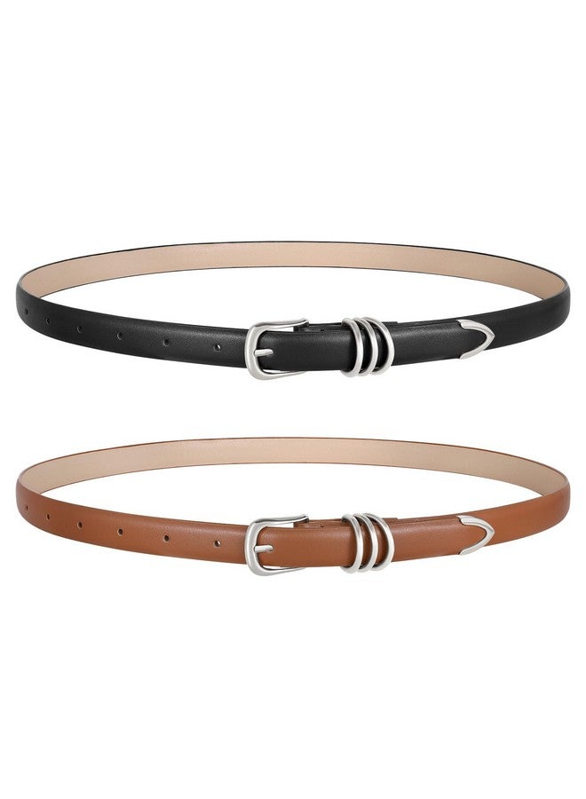 2 Pack Women'S Skinny Faux Leather Belt With Silver Buckle Thin Waist Belt For Jeans Pants Black+Brown