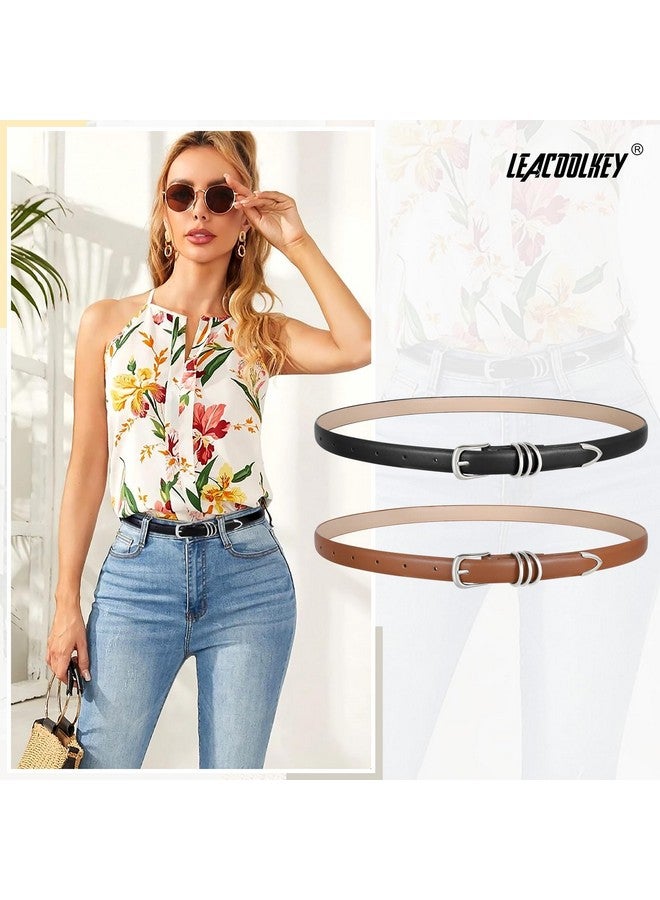 2 Pack Women'S Skinny Faux Leather Belt With Silver Buckle Thin Waist Belt For Jeans Pants Black+Brown