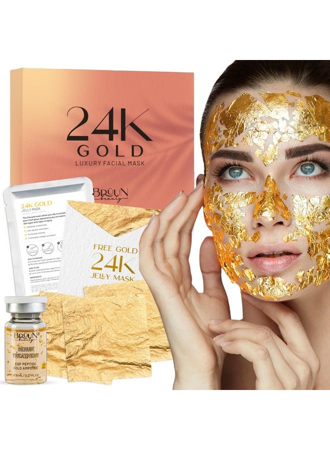 Bruun 24K Gold Leaves A (Pack Of 30) Gold Sheets With 1 24K Gold Peel Off Jelly Mask Pack Including 1 Facial Serum A Perfect And Unique Skin And Body Care Kit For Women Girls And Mom