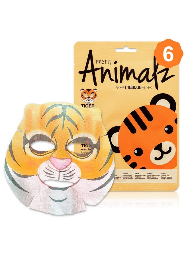 Pretty Animalz Tiger Facial Sheet Mask (6 Pack) Korean Beauty Skin Care Treatment Antiseptic Evens Skintone Antiinflammatory Anti Aging Spa Fun Face Mask Sheets Animal Characters