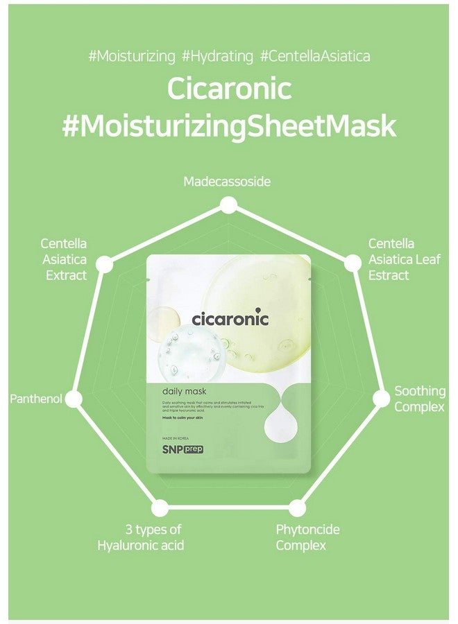 Snp Prep Cicaronic Essence Daily Korean Sheet Mask Soothing & Calming Effects For All Sensitive Skin Types With Hyaluronic Acid & Centella Asiatica 10 Sheets