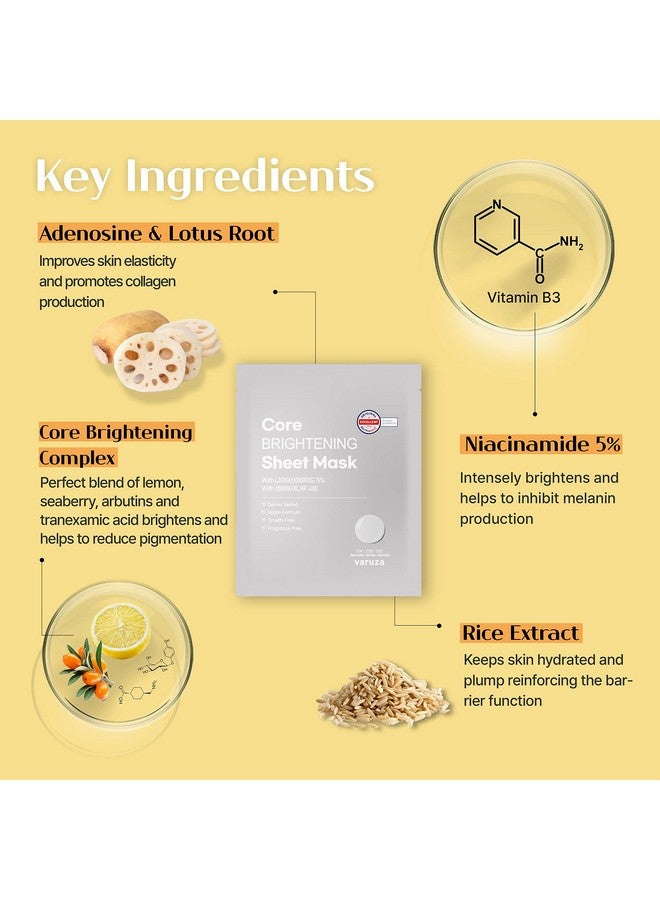 Core Brightening Sheet Mask With Niacinamide Serum 5% And Biodegradable Sheet For Nourishing Hydrating Glow Skin Cruelty Free Fragrance Free 5 Count
