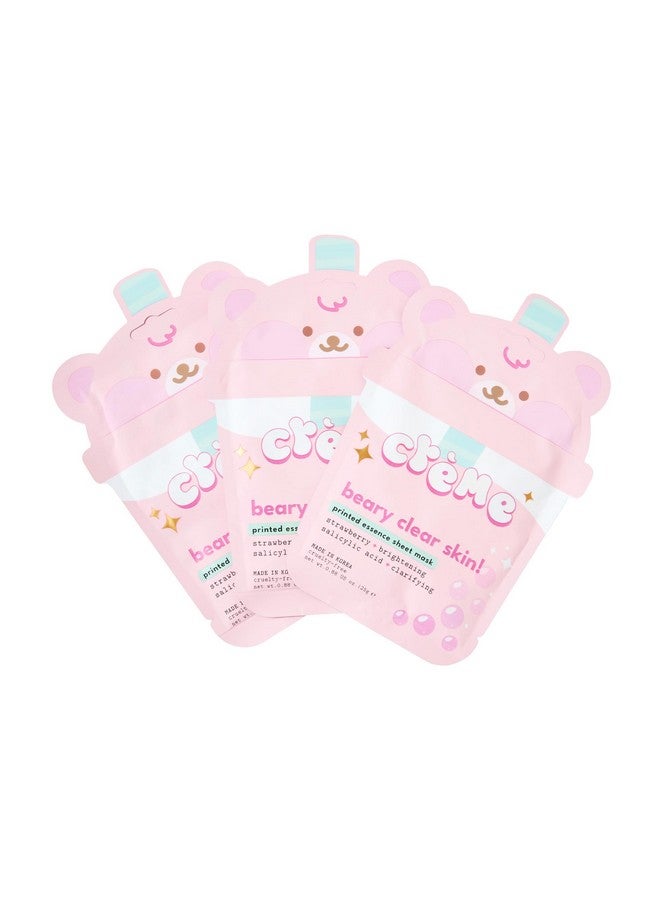 Boba Bears Beary Clear Skin! Sheet Mask Brightening Clarifying With Strawberry Essence And Salicylic Acid For Radiant Glow And Smooth Skin Korean Beauty Secret Set Of 3