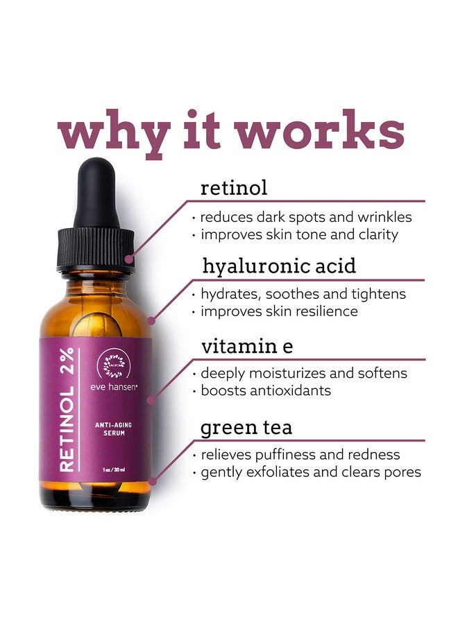 Antiaging Retinol Serum For Face Antiwrinkle Serum With Vitamin A E And Hyaluronic Acid Acne Scar Pore Minimizer Cruelty Free 2% Organic Retinol Night Serum (1 Oz)