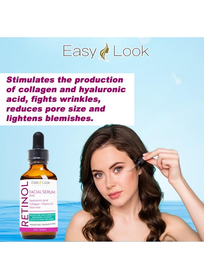 Retinol Serum For Face W/Hydrating Hyaluronic Acid Collagen Vitamin E And Aloe Vera. Antiaging Facial Serum Tighten Lift Hydrate & Plump All Skin Types Reduce Fine Line & Wrinkles 2 Fl Oz