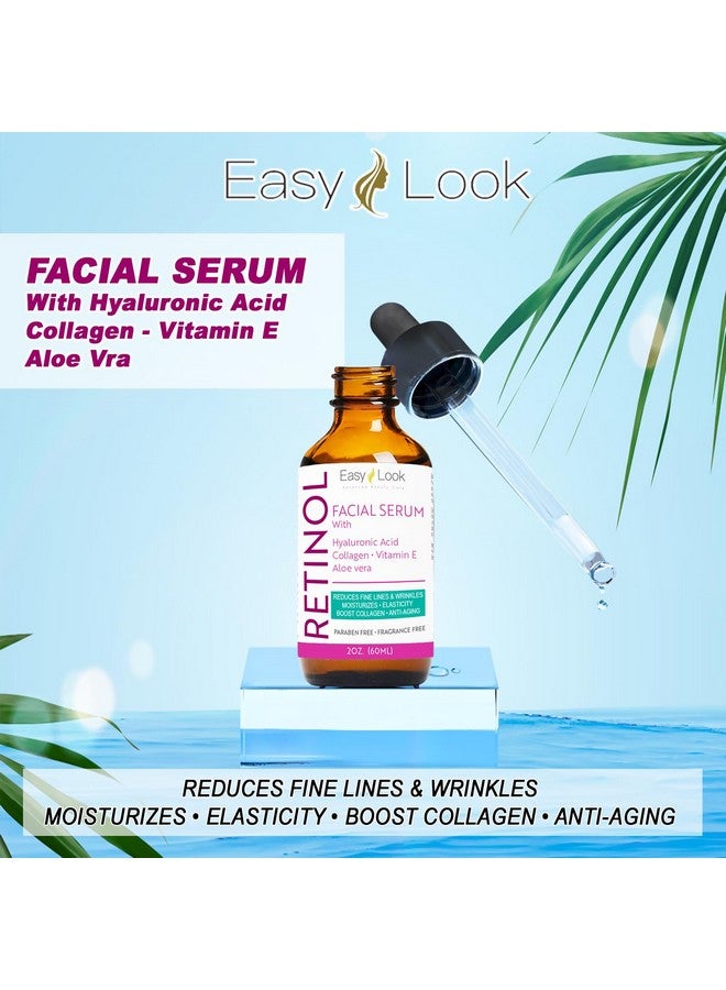 Retinol Serum For Face W/Hydrating Hyaluronic Acid Collagen Vitamin E And Aloe Vera. Antiaging Facial Serum Tighten Lift Hydrate & Plump All Skin Types Reduce Fine Line & Wrinkles 2 Fl Oz