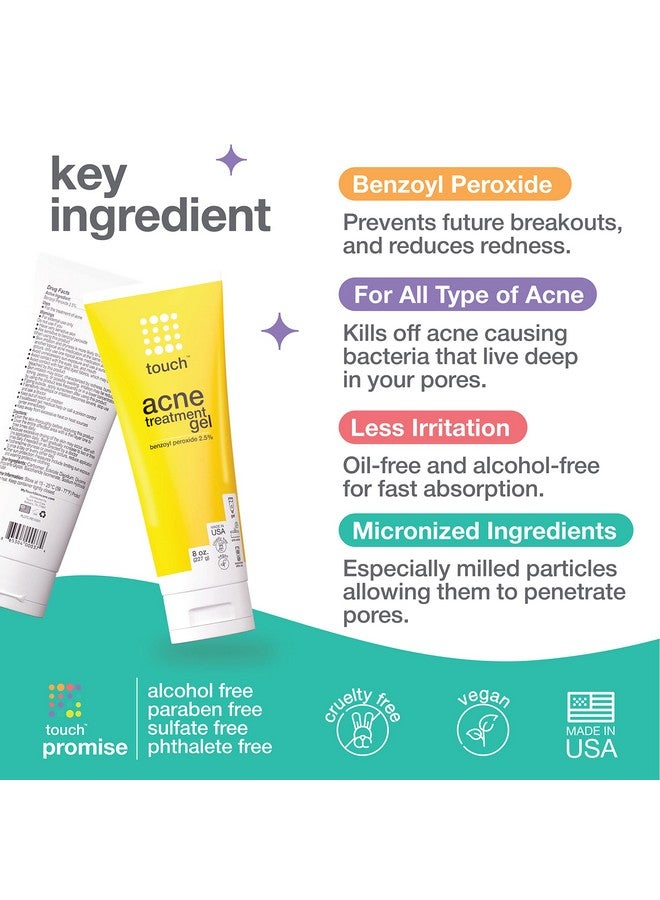 Benzoyl Peroxide 2.5% Gel Cream For Acne Pimples And Cystic Acne Spot & Daily Face And Back Medication For Adults & Teens Goes On Clear Lightweight & Nondrying Large 8 Oz.