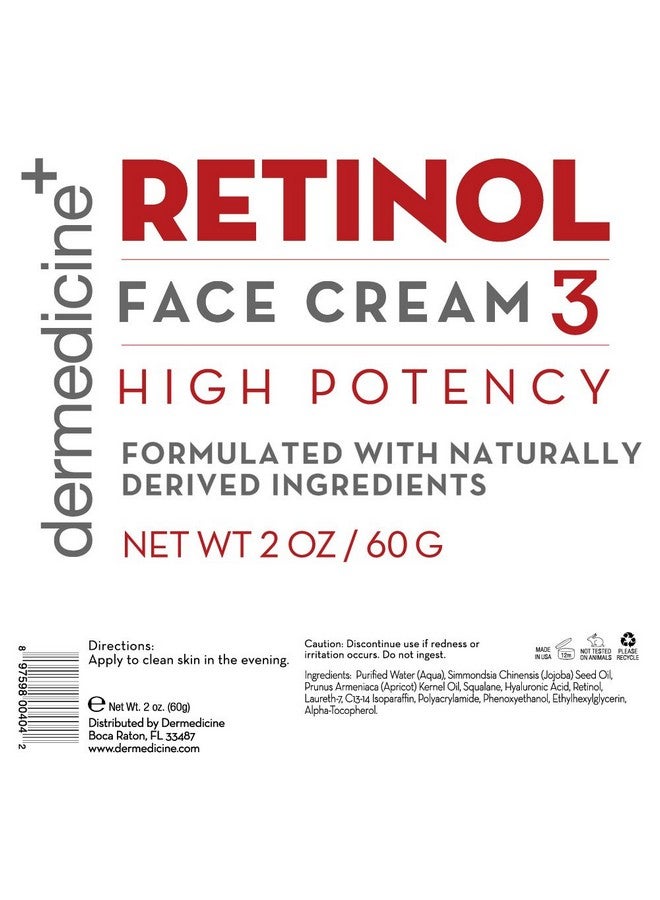 Dermedicine Retinol Cream For Face & Eye 3% Blend | Natural Anti Aging w/Jojoba Oil, Apricot Oil, Hyaluronic Acid & Squalane | Helps Smooth Fine Lines & Wrinkles & Brightens for Younger Skin