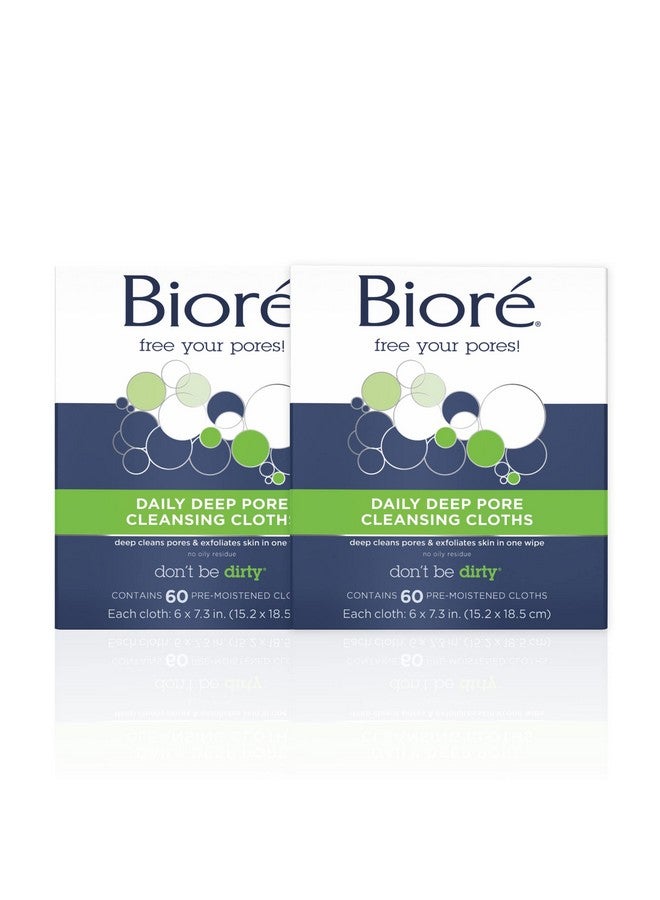 Biore Daily Make Up Removing Cloths Facial Cleansing Wipes With Dirtgrabbing Fibers For Deep Pore Cleansing Without Oily Residue 60 Count (Pack Of 2)