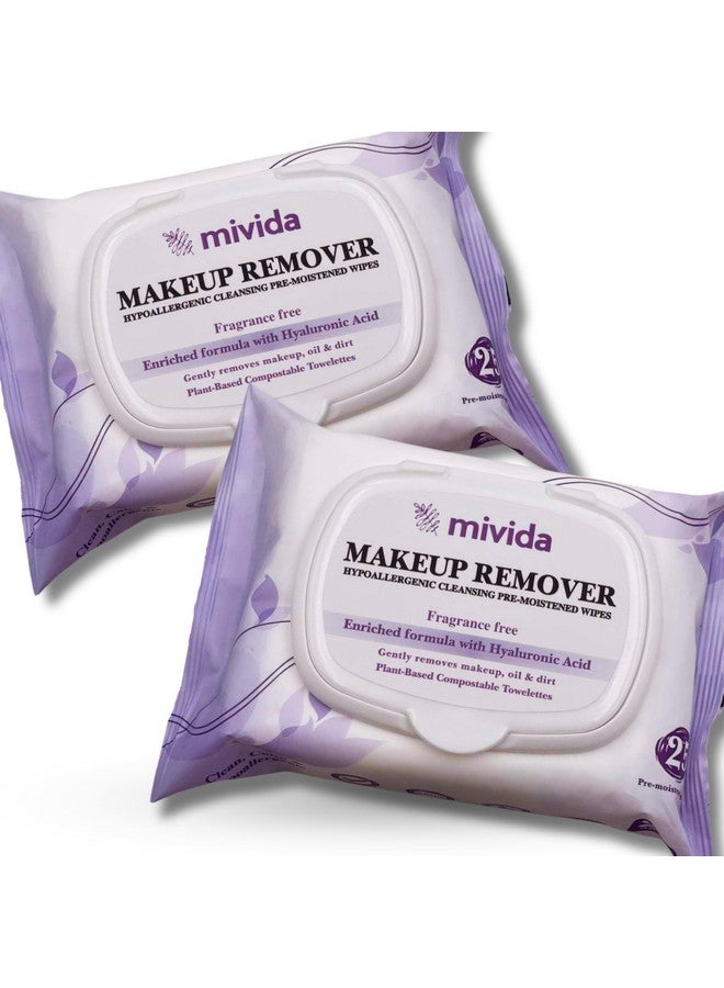 Hypoallergenic Makeup Remover Wipes 2 Pack Of 25 Count Facial Cleansing Makeup Remover Face Wipes With Hyaluronic Acid Fragrance Free Alcohol Free Wipes Total 50 Count