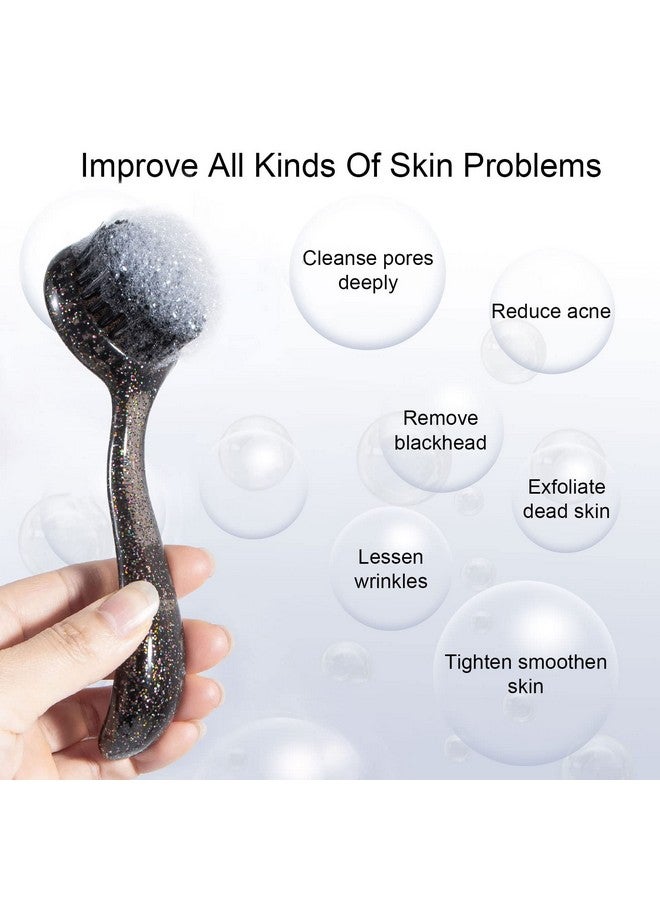 3 Pcs Large Handheld Face Scrubber Beomeen Facial Cleansing Brush Charcoal Black Bristles Face Exfoliator Cleaner Soft Brush With Lid For Gentle Deep Cleansing And Exfoliating (Blackglitter)
