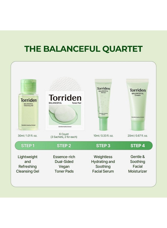 Balanceful Cica Trial Kit Gotu Kola Infused Daily Skincare Kit 4 Step Regimen With Cleansing Gel Toner Pad Serum And Cream Vegan Hypoallergenic Korean Skin Care