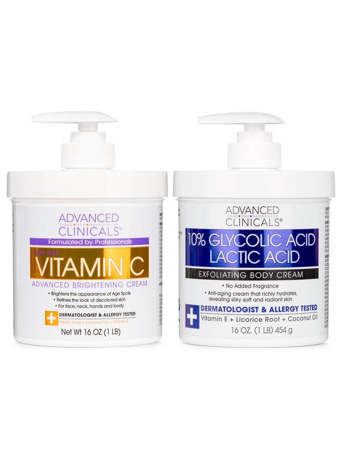 Brightening Vitamin C Cream + 10% Glycolic Acid & Lactic Acid Exfoliating Body Lotion 2Pc Skin Care Bundle Brightening Body Moisturizer Kp Bump Eraser Keratosis Pilaris 2Pc